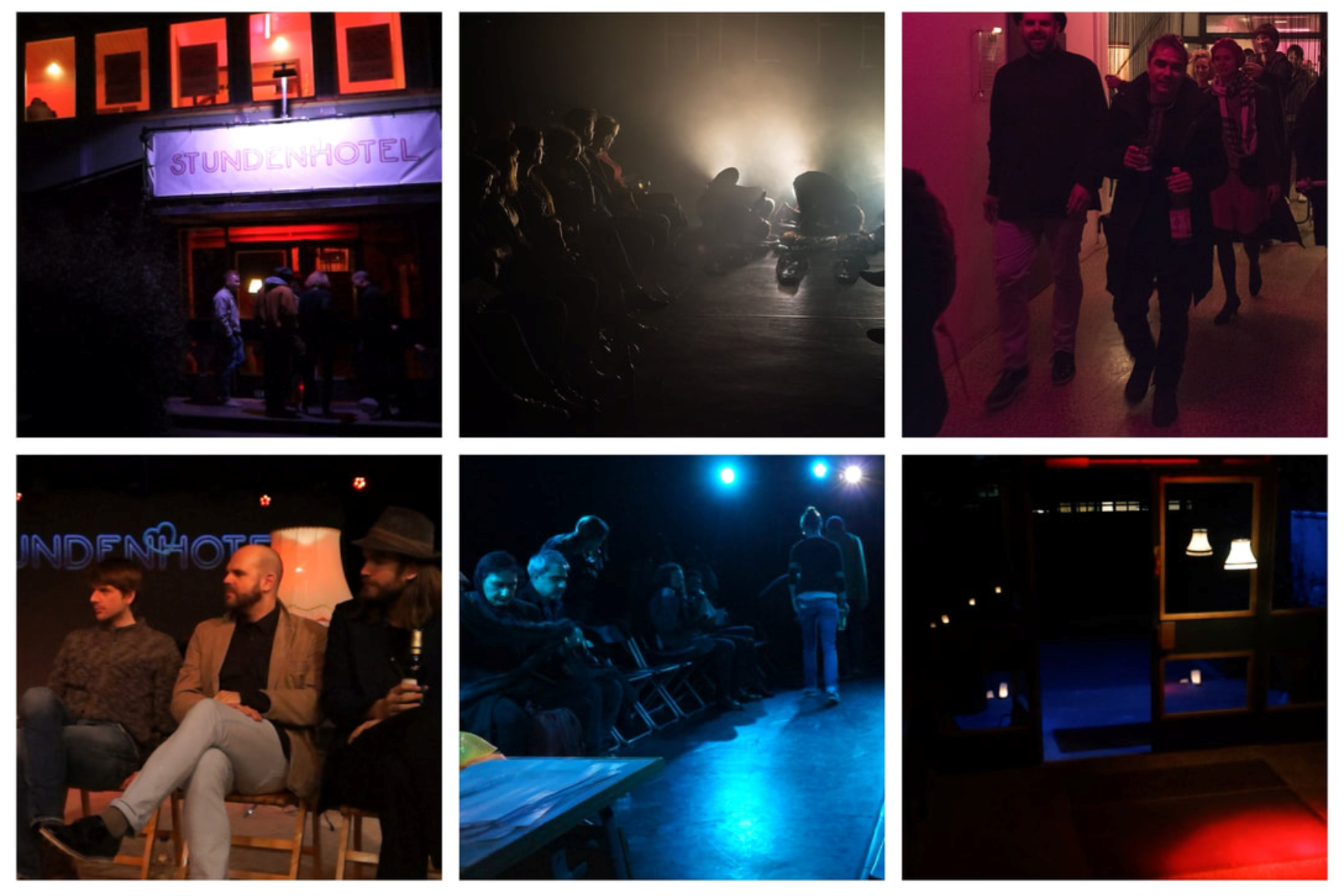 Sechs historische Fotografien zeigen das beleuchtete Theaterhaus, Publikum, Begegnungen, ein Gespräch, eine Aufführung und einen leeren nächtlichen Raum.